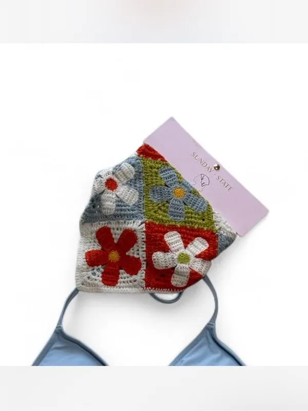 Aerie Light Sky Blue Bikini M & Crochet Bandana Set - Image 5