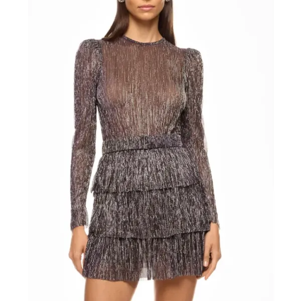 Sabina Musayev Purple Tiered Ruffle Mini Dress XS Plisse Metallic Cocktail $285 - Image 2
