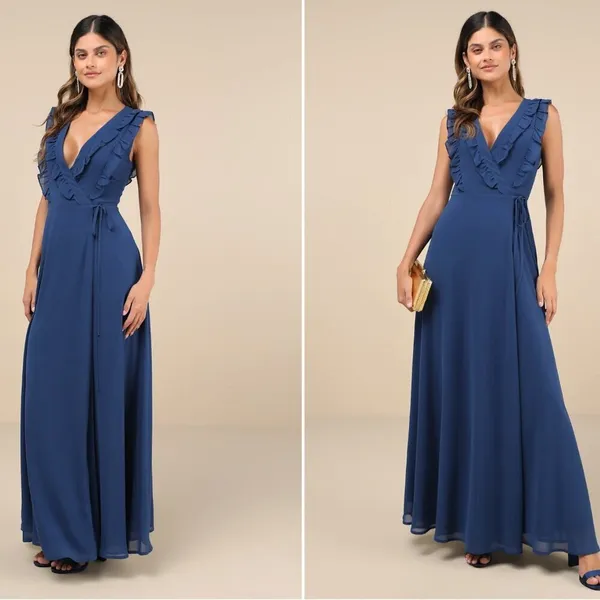 LULU's Elegant Prom Wedding Bridesmaid Elegant Romantic Ruffles Wrap Maxi - Image 2