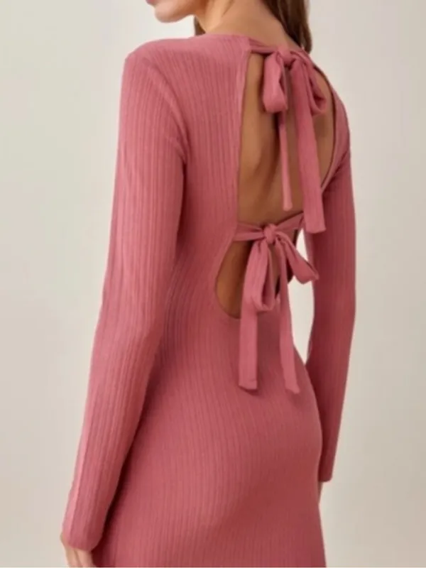 Reformation Women’s Benedict Long Sleeve Tie Back Ribbed Knit Midi Dress Rust - Image 7