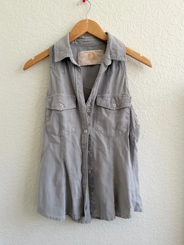 Bella Dahl Sleeveless Button Down Collard Tank Gray Cream S - Image 2