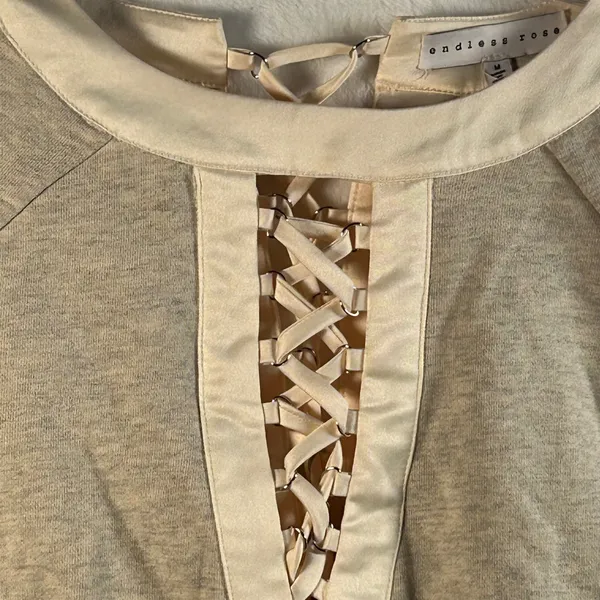 Endless Rose Beige Ribbed Bell Sleeve Lace‎ Up Front Cropped Sweatshirt Top M - Image 3