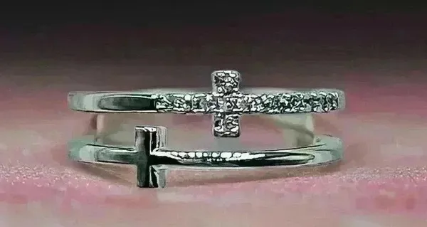 Silver Double Cross Rhinestones Ring Size 7 - Image 8