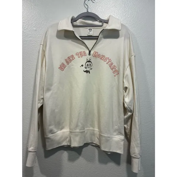 Uniqlo Cream Half-Zip Collared Sweatshirt with Pink Graphic - Image 5