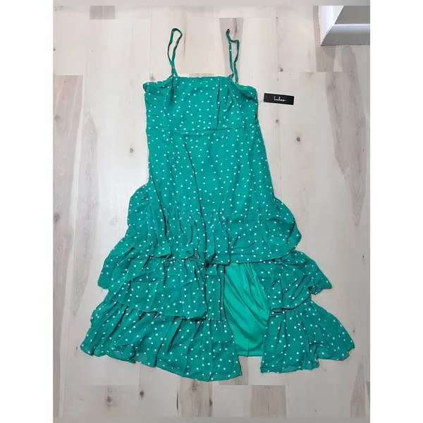 Lulus NWT Women Large Nellie Green Polka Dot Ruffle Midi Dress Dainty Romantic - Image 4