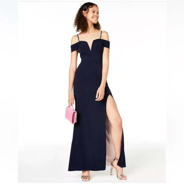 CITY STUDIO NWT Juniors Navy Plunge Off Shoulder Sleeve Size 3 Formal Dress Gown - Image 3