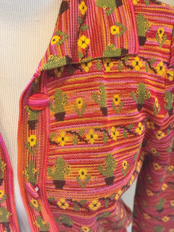 Zara Cactus Flower Polo Cardigan Sweater Pink Yellow Green Button Front S Desert - Image 7