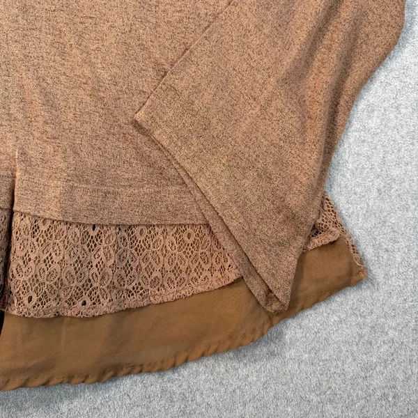 Kori America Women's Medium Brown Bell Sleeve Lace Layered Hem Knit Top Blouse - Image 2