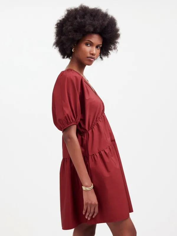 NWT Madewell Size Small Burgundy Puff-Sleeve Tiered Mini Dress in Poplin NEW - Image 3