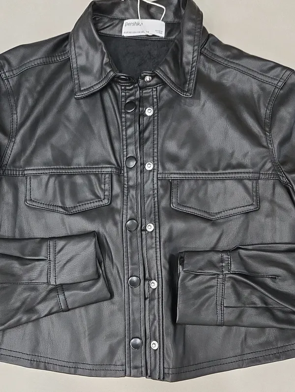 NWT! Bershka Black Faux Leather Cropped Jacket Size XS - Image 5