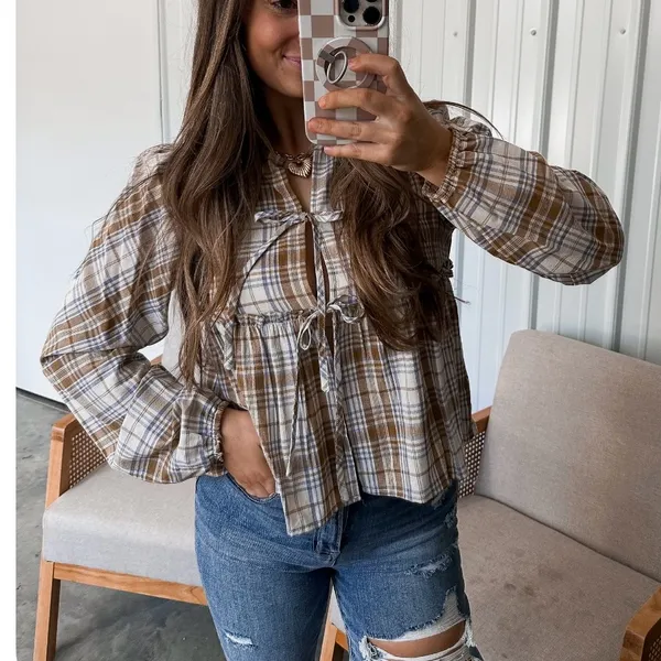 So Me Plaid Blouse in Brown and Cream - Image 8