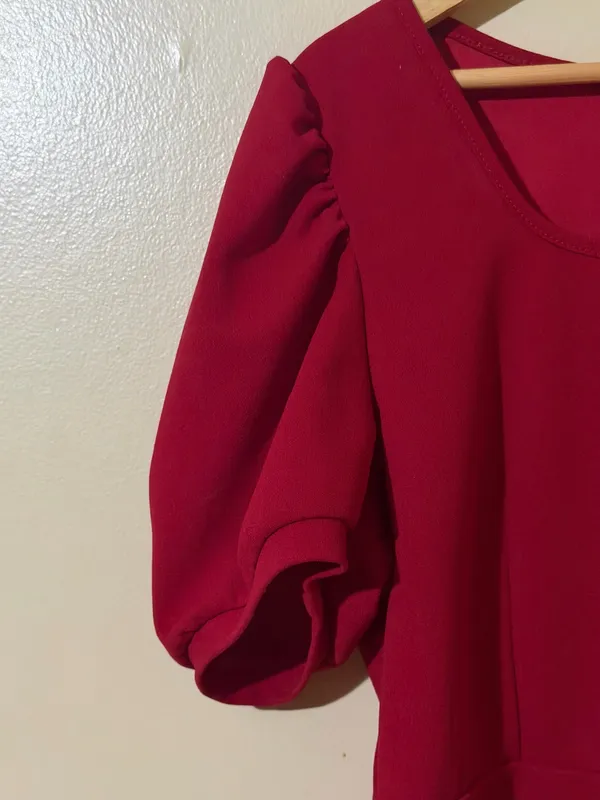 SHEIN Blouse Red Laser Cut Peplum Puff Sleeve Button Front XL Women - Image 4