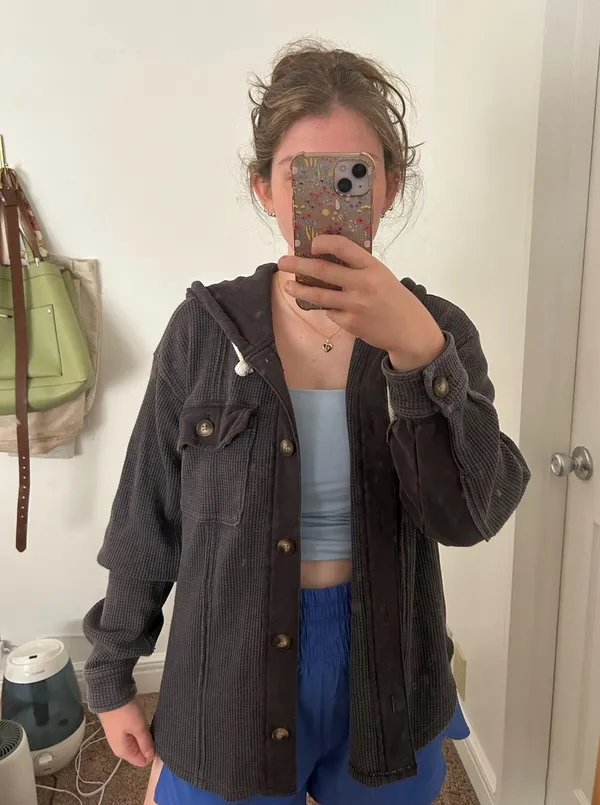 American Eagle Waffle Knit Jacket Hooded Shacket Long Sleeve Button-Up M - Image 2