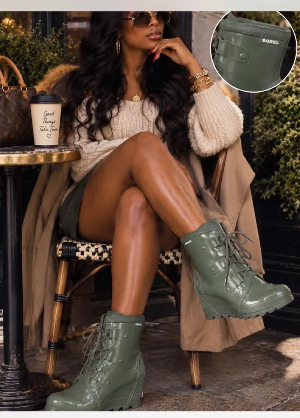 SOREL Joan of Arctic Rain Wedge Boots Nori Green Waterproof Rubber 9.5 NWOB - Image 2