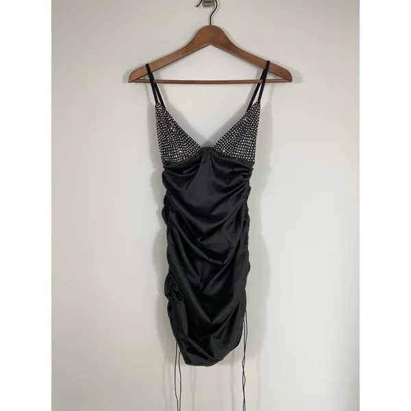 For Love & Lemons Black Ruched Mini Dress with Rhinestone Bodice – Size Small - Image 3