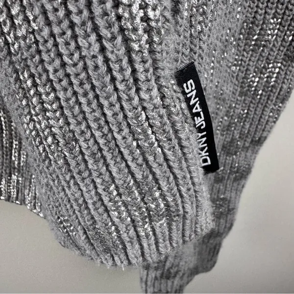 DKNY Jeans 100% Cotton Gray & Metallic Silver‎ Animal Print Size L Crew Sweater - Image 8