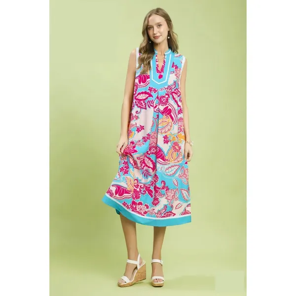 Umgee Floral Sleeveless Midi Dress with Side Pockets - Blue - Small - Image 4