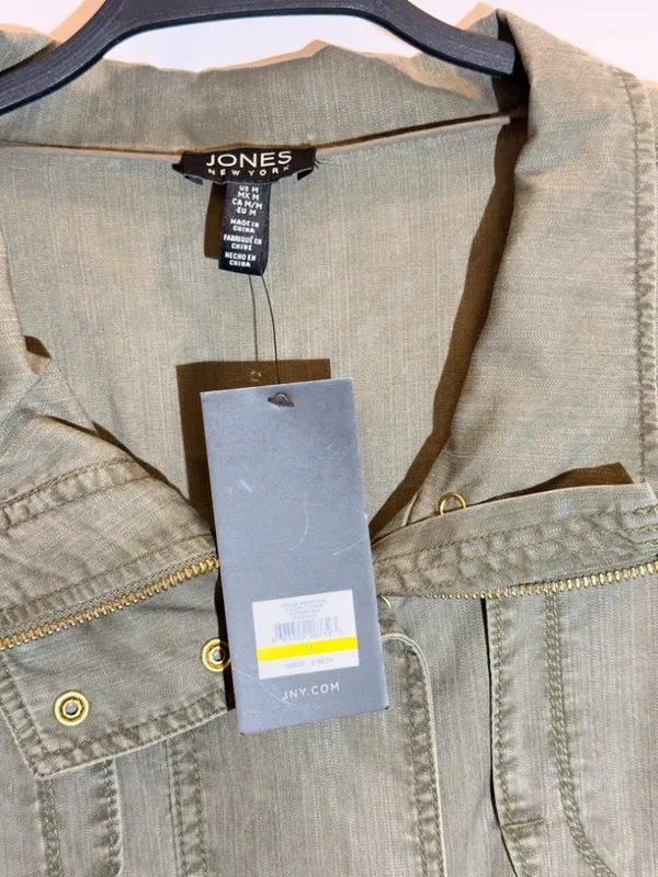 NWT Jones New York Olive Green Cotton Zip Pocket Moto Utility Jacket Size M - Image 4