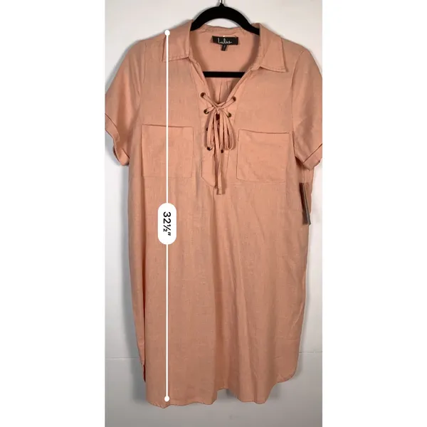 Lulus Dress M NWT Blush Pink Linen Blend Lace Up Shift Midi Pockets Resort - Image 13