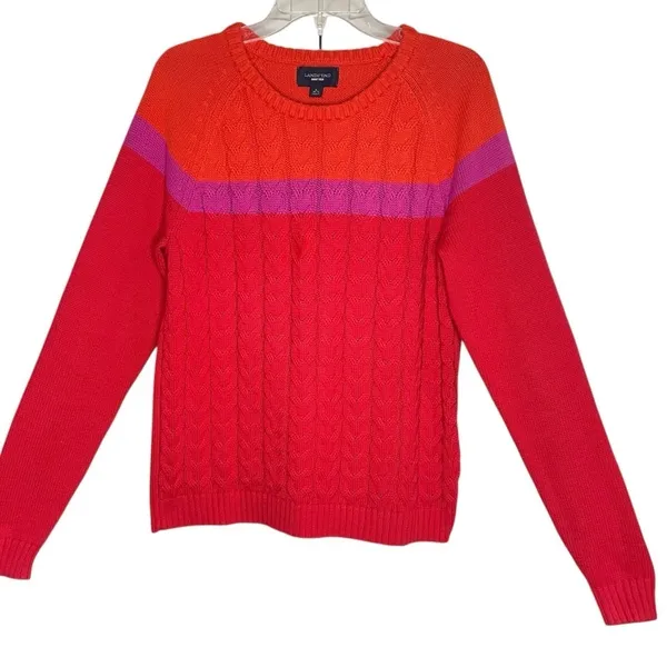 VTG Lands’ End Drifter Cotton Sweater L Red Orange Pink Colorblock Cable Knit - Image 3