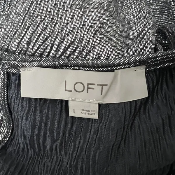 Loft Shimmer Metallic Pleated Blouse Silver Holiday Party Puff Sleeve Size L - Image 6