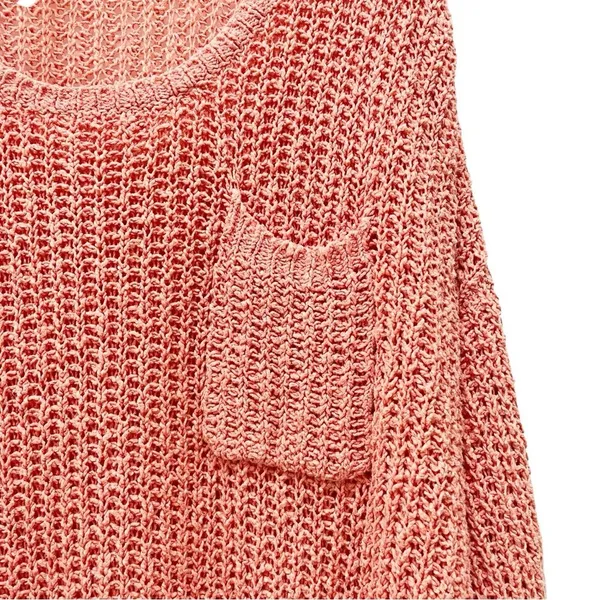 Free People Greenwich Village Sweater Sz M Coral Open Knit Oversized Tunic Boho - Image 6