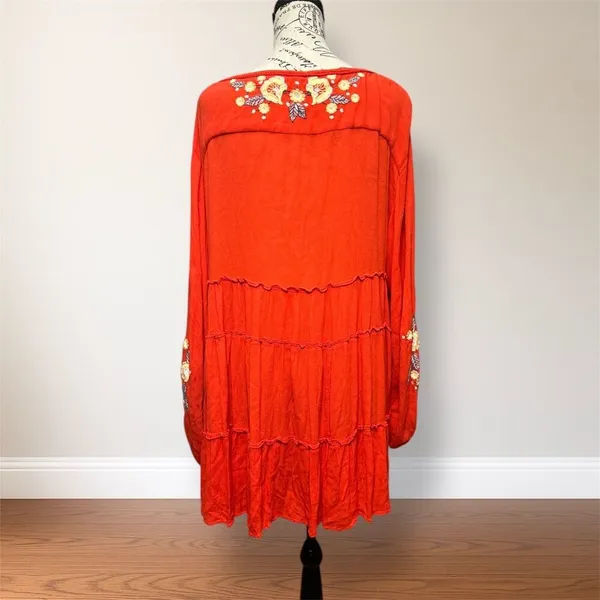 Free People Red Embroidered Long Sleeve Mini Dress Tiered Gauzy Boho Cottagecore - Image 3