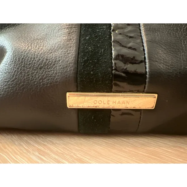 Cole Haan Black Soft Leather Satchel Handbag Gold Accents Navy Interior - Image 2