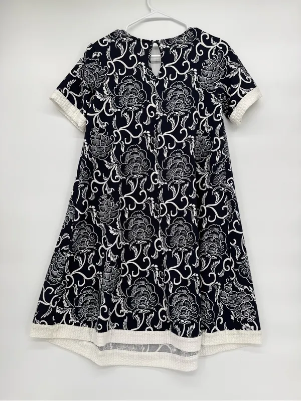 Navy Floral Asymmetrical A-Line Dress with White Trim - Image 9