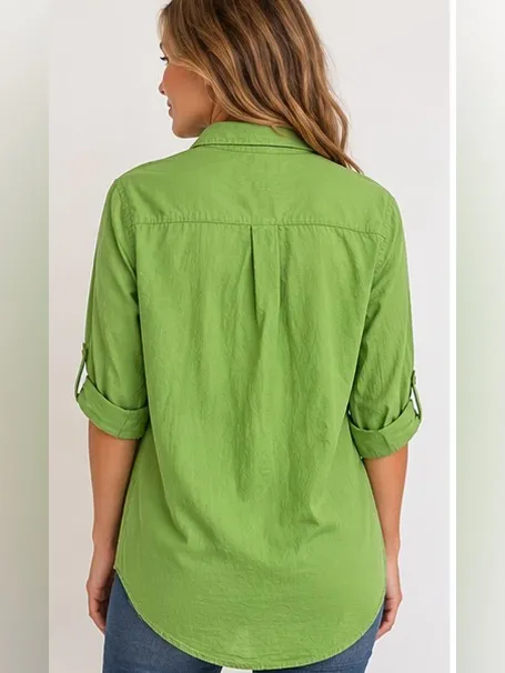 True Destinations Women’s Small Green Cotton Button Down Shirt Roll Tab Sleeve - Image 2