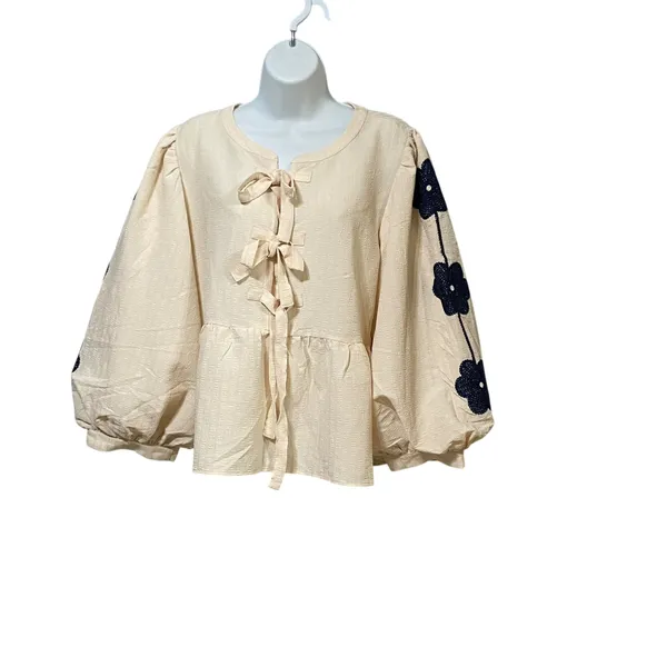 Jodifl Cream Balloon Sleeve Bow Front Peplum Blouse Navy Floral Crochet L - Image 2