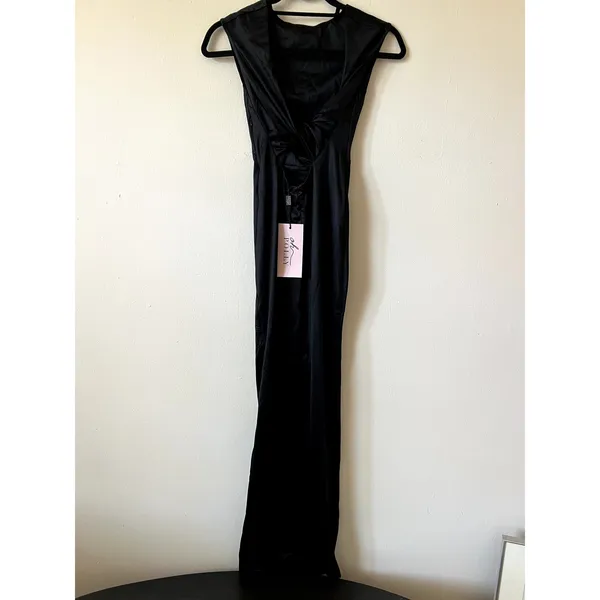 Oh Polly Hivera Satin Boat-Neck Twist-Back Maxi Dress in Black Size XS New - Image 6