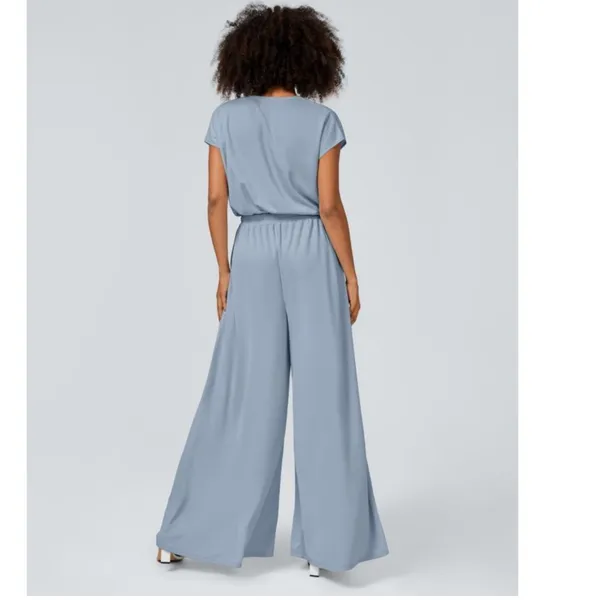Halara‎ L V Neck SS Side Pocket Wide Leg Flowy Waffle Casual Jumpsuit Quiet Blue - Image 2