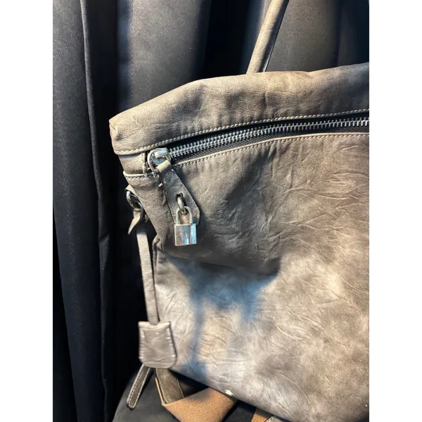 Gray Distressed Vegan Leather Convertible Backpack Shoulder‎ Bag Silver Padlock - Image 6