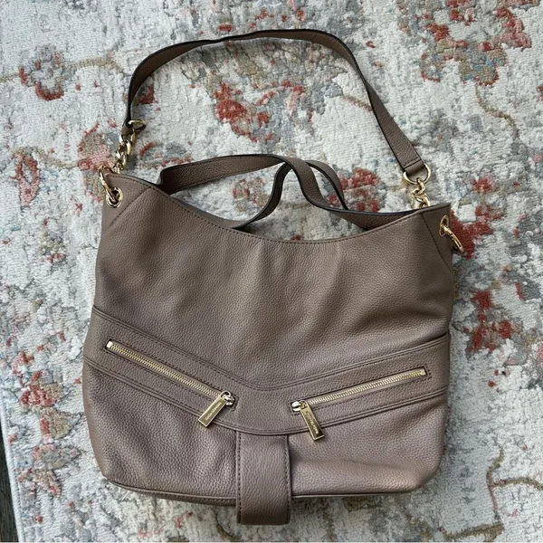 Michael Kors Jamesport Leather Hobo Large Shoulder Bag Taupe Tan Nude Gold - Image 2