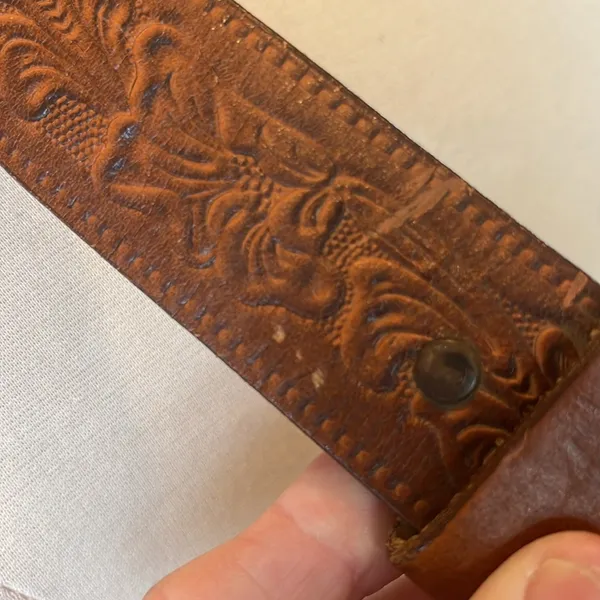 Vintage Brown Embossed Leather Belt - Image 9