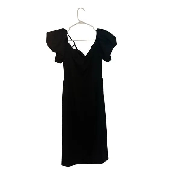 S104 NWOT Elegant Black Puff Sleeve Midi Dress - Image 4