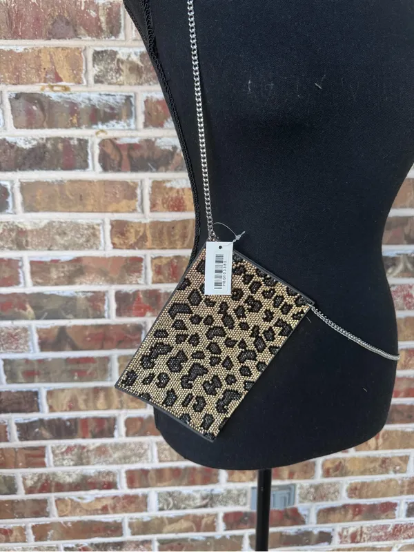 Leopard Rhinestone Crossbody Phone Bag Wallet Purse ID Pocket Silver Chain - Image 5