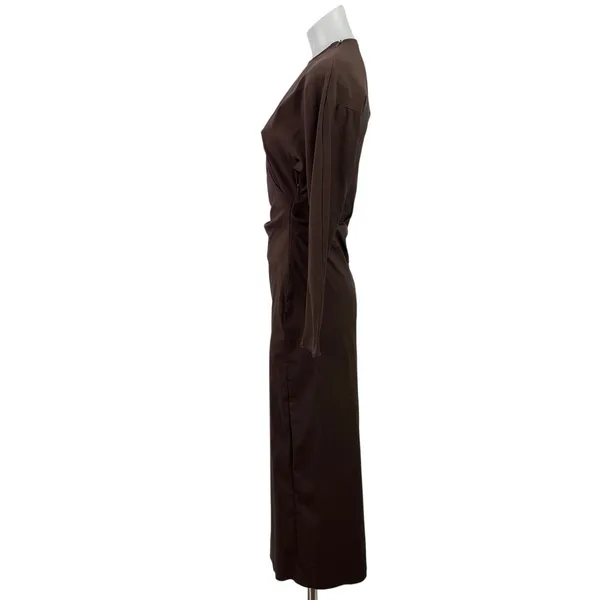 Zara Women's Brown Long Sleeve High Neck Ruched Maxi Bodycon Pencil Dress Sz XS - Image 2