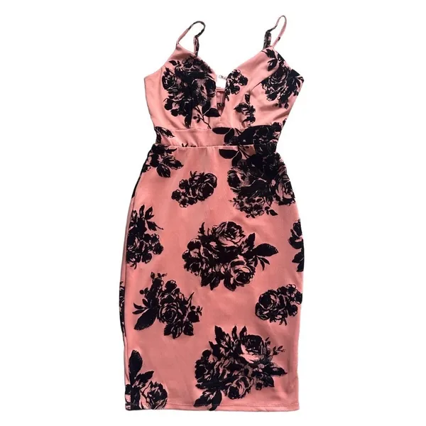 Haute Monde NWT Women Velvet Flocked Floral Cutout Midi Bodycon Dress Whimsigoth Dark Fairy - Image 3