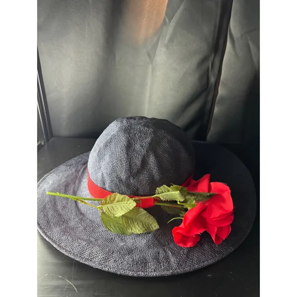 Career Collection Navy Blue Wide Brim Sun‎ Hat Red Rose Accent Straw Style Hat - Image 3