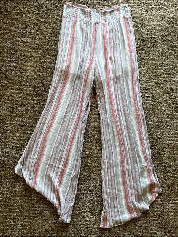 Striped Wide-Leg asymmetrical flowy bohemian Pants in Cream and Coral - Image 2