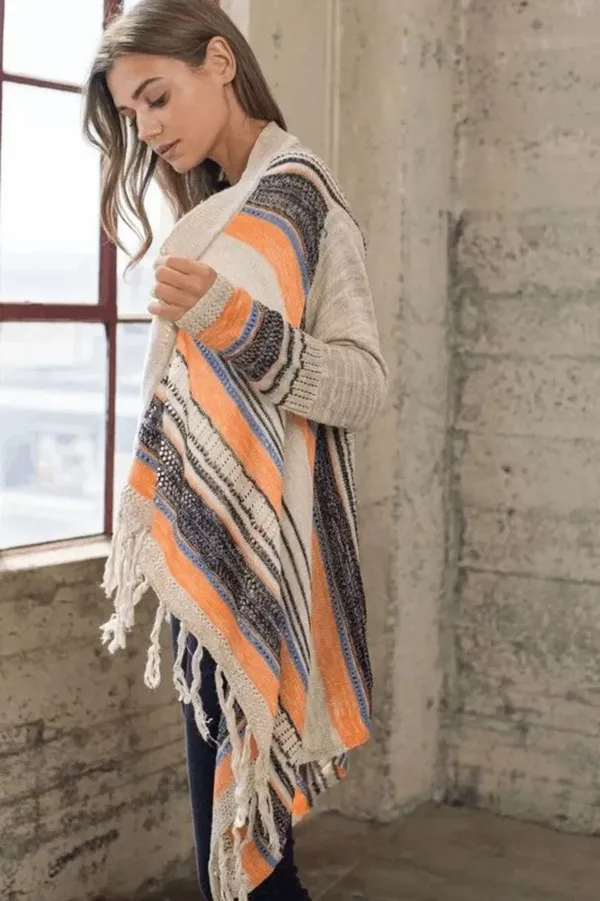 Umgee Striped Boho Fringe Hem Open Cardigan Tan Orange Black - Image 10
