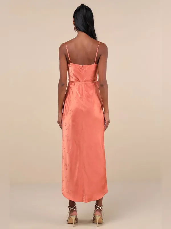 LULU’S Sophisticated Sight Peach Satin Jacquard Cowl Midi Dress - Image 5