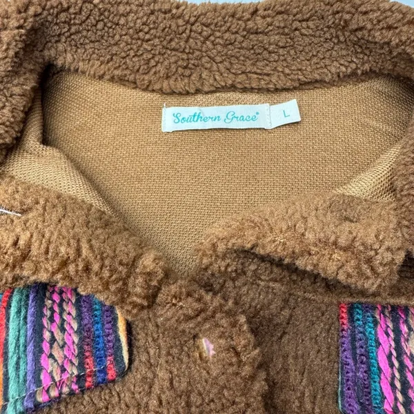 Southern Grace Womens Brown‎ Sherpa Jacket Striped Knit Sleeves Western Boho L - Image 5