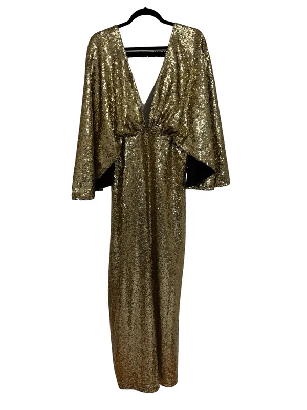 NEW BABEYOND Scoop Neck Sheer Angel Sleeve Maxi Dress Gold Sequin - Size 2X - Image 4