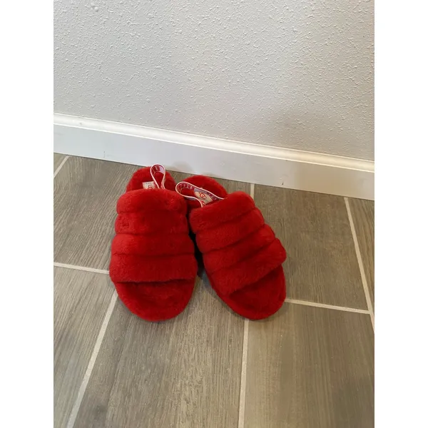 UGG Fluff Yeah Slide Red Sheepskin Logo Slingback Slippers‎ 1095119 Womens 7 - Image 2