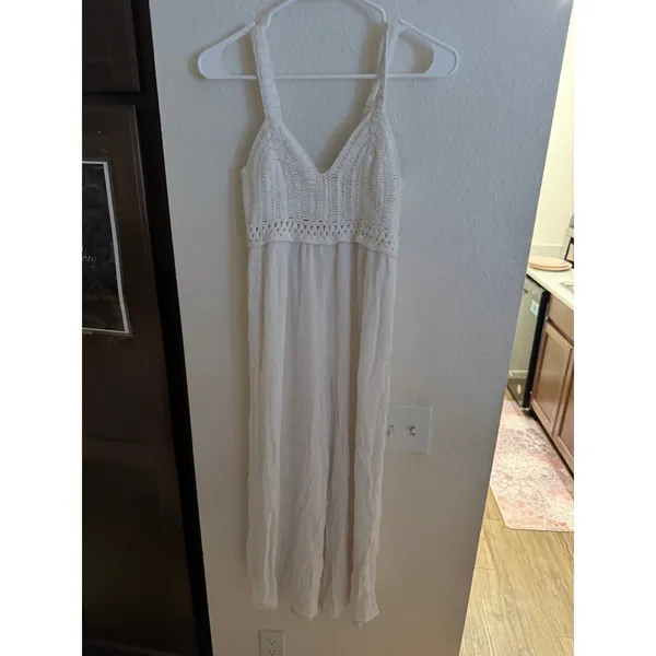 Japan Cream Crochet Knit Bodice Maxi Dress Sleeveless Boho Summer Smocked Back M - Image 2
