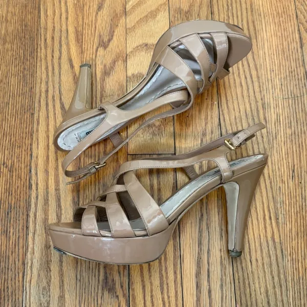 Miu Miu Tan Patent Leather Strappy Platform Slingback Heels Sandals size 39.5‎ - Image 7