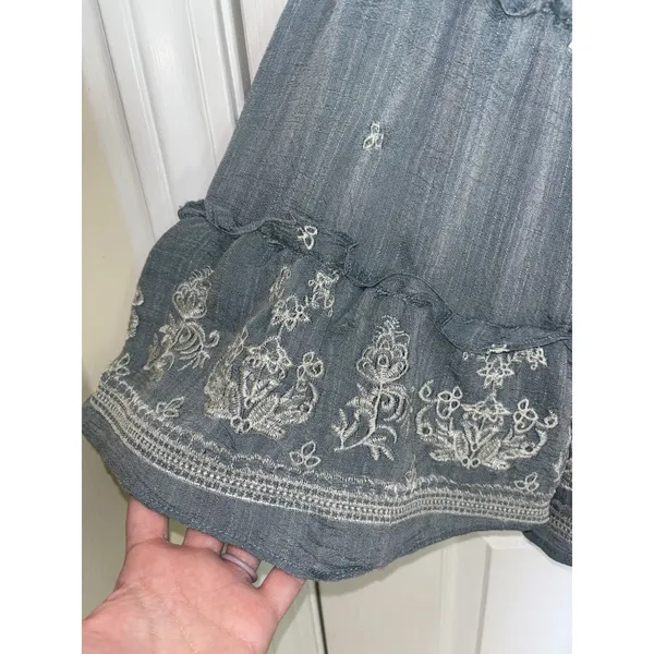 Anthropologie Fig & Flower Blue Embroidered Peasant Top Tiered Bell Sleeve L - Image 5